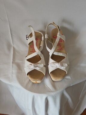 Jellypop White Strappy Wedge Sandals with Bow Accent